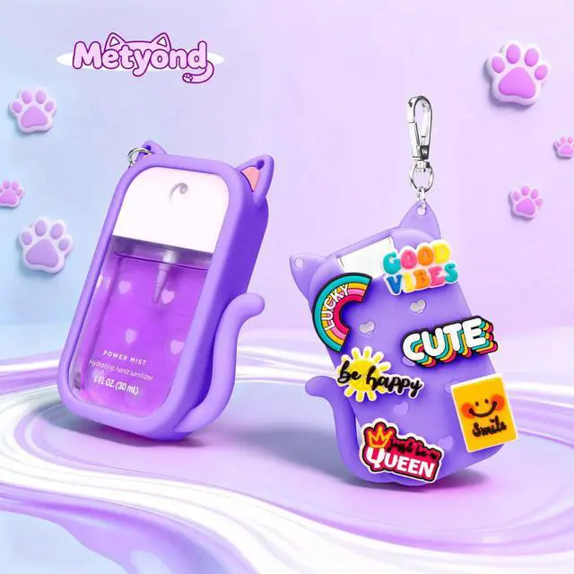 Alt view image 7 of 7 - Silicone Case Compatible with Touchland Hand Sanitizer Spray 1 FL OZ/30ML, Portable Cat-shaped Case with 6 Charms and Keychain, Cute Hand Sanitizer Spray Accessory (1PCS Purple)