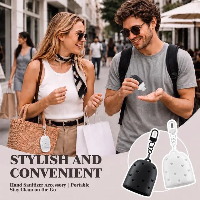 Alt view image 2 of 7 - Black and White 2 Pack Cute & Stylish Hand Sanitizer Holders, Compatible with Bath & Body Works PocketBac, Hollow Heart Design, Easy Clip-On Keychain for Bags, Snug Fit Won't Fall Off