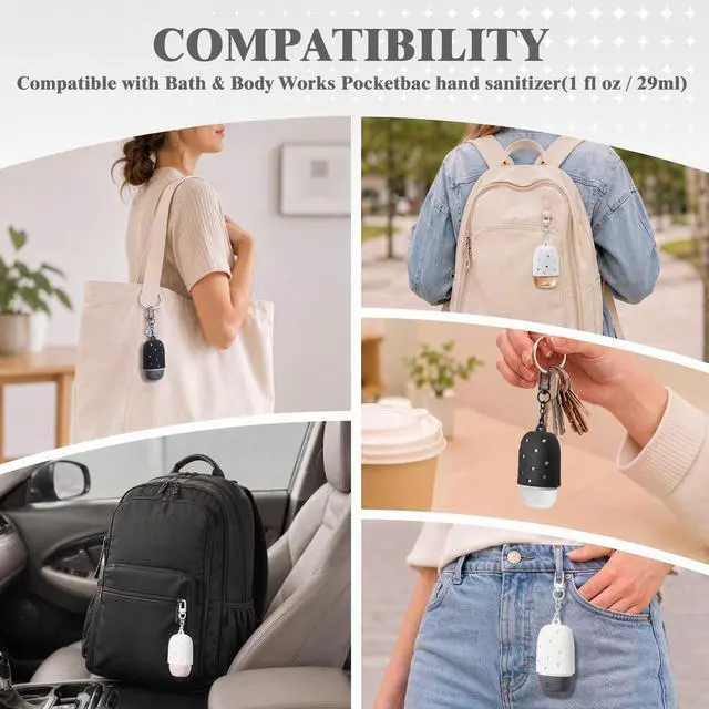 Alt view image 3 of 7 - Black and White 2 Pack Cute & Stylish Hand Sanitizer Holders, Compatible with Bath & Body Works PocketBac, Hollow Heart Design, Easy Clip-On Keychain for Bags, Snug Fit Won't Fall Off