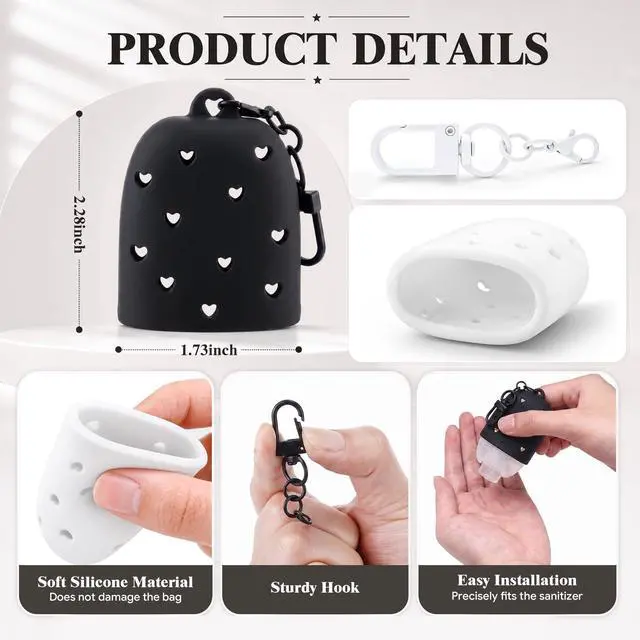 Alt view image 5 of 7 - Black and White 2 Pack Cute & Stylish Hand Sanitizer Holders, Compatible with Bath & Body Works PocketBac, Hollow Heart Design, Easy Clip-On Keychain for Bags, Snug Fit Won't Fall Off