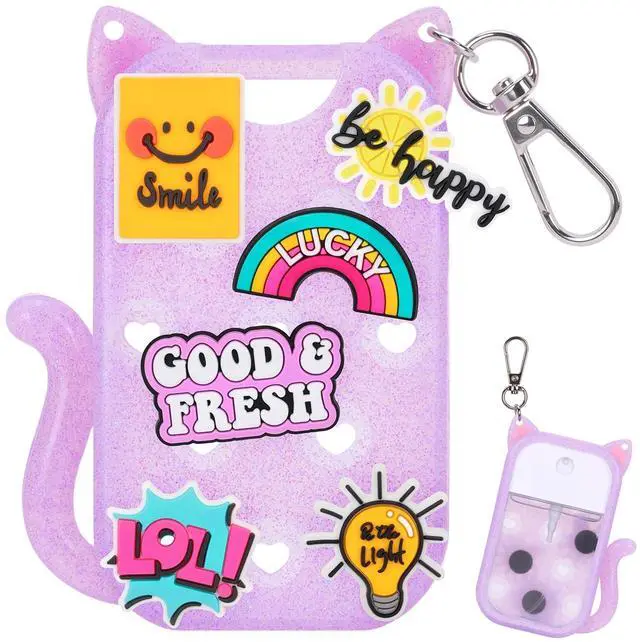 Main image of Glitter Silicone Holder Case Compatible with Hand Sanitizer Spray 1 Fl. OZ., Adorable Cat-Shaped Keychain with 6 Charms (Purple)