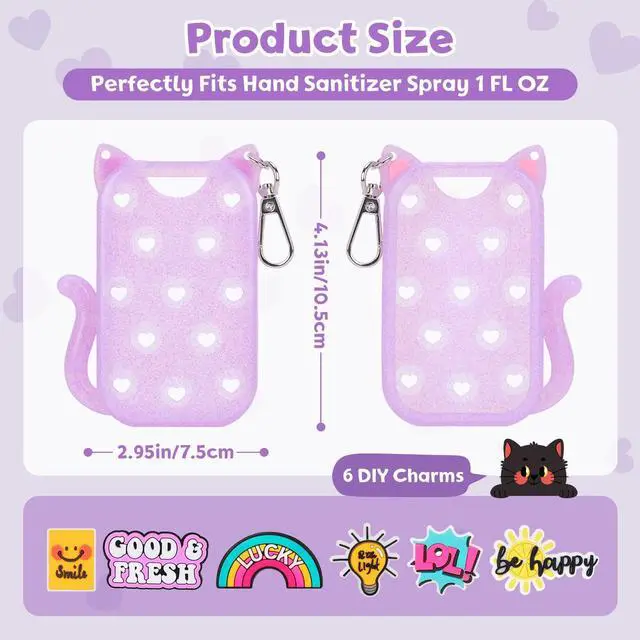 Alt view image 2 of 6 - Glitter Silicone Holder Case Compatible with Hand Sanitizer Spray 1 Fl. OZ., Adorable Cat-Shaped Keychain with 6 Charms (Purple)