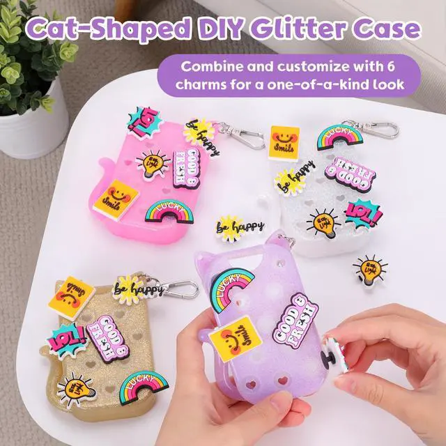 Alt view image 4 of 6 - Glitter Silicone Holder Case Compatible with Hand Sanitizer Spray 1 Fl. OZ., Adorable Cat-Shaped Keychain with 6 Charms (Purple)
