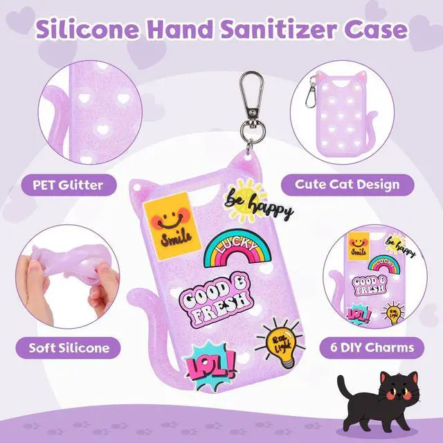 Alt view image 3 of 6 - Glitter Silicone Holder Case Compatible with Hand Sanitizer Spray 1 Fl. OZ., Adorable Cat-Shaped Keychain with 6 Charms (Purple)