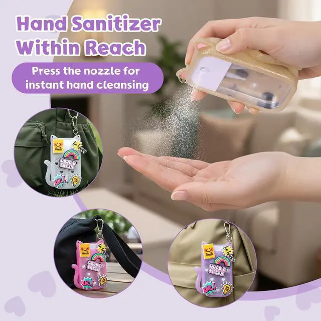Alt view image 6 of 6 - Glitter Silicone Holder Case Compatible with Hand Sanitizer Spray 1 Fl. OZ., Adorable Cat-Shaped Keychain with 6 Charms (Purple)