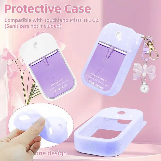 Alt view image 2 of 7 - Hand Sanitizer Spray Case Compatible with Touchland Power Mist 1 oz(30 ml) - with Bow Keychain Silicone Protective Cover Accessories for Touchland (Glittery Purple)