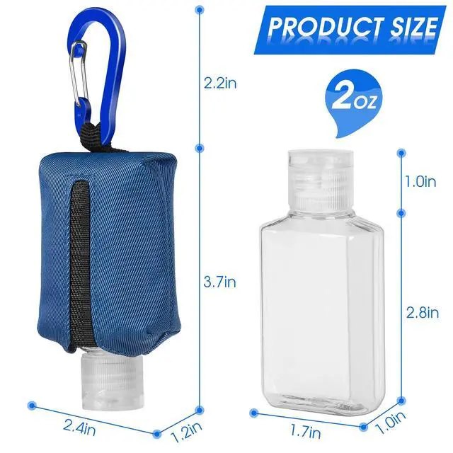 Alt view image 6 of 6 - Hand Sanitizer Bottle Case Holder, Travel Size Empty Bottle Refillable Containers for Soap, Lotion, and Liquids - 60ML/2 oz Flip Cap Reusable Bottles with Carabiner Carriers (Blue)