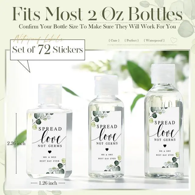 Alt view image 2 of 7 - 72 Pcs Hand Sanitizer Labels Wedding Spread Love Not Germs Stickers Sage Greenery Eucalyptus Stickers Mr Mrs Thank You Gift for Guest Weeding Bridal Shower Engagement Bachelorette Party Favor