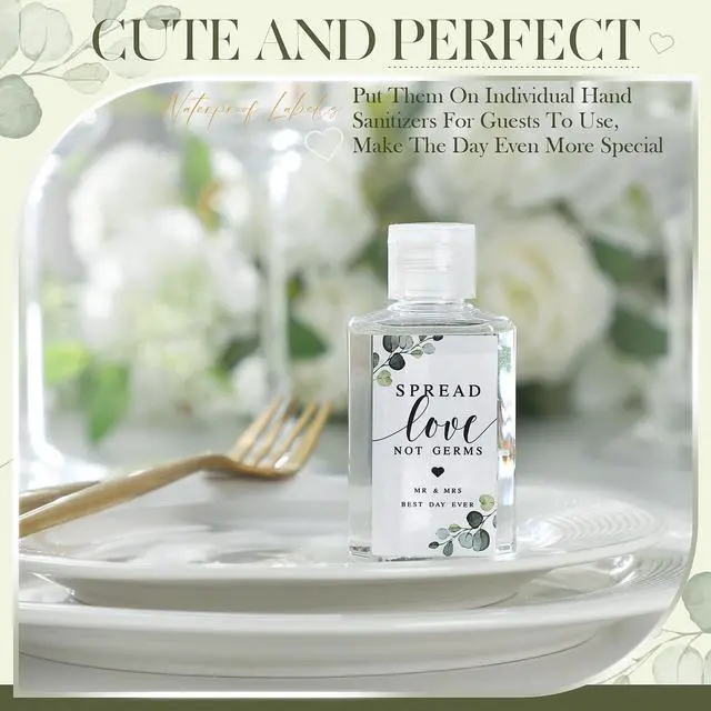 Alt view image 4 of 7 - 72 Pcs Hand Sanitizer Labels Wedding Spread Love Not Germs Stickers Sage Greenery Eucalyptus Stickers Mr Mrs Thank You Gift for Guest Weeding Bridal Shower Engagement Bachelorette Party Favor
