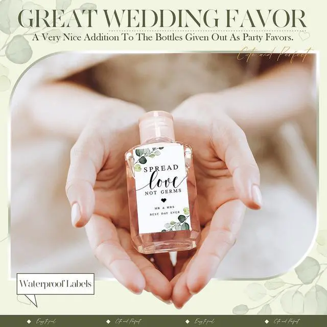 Alt view image 6 of 7 - 72 Pcs Hand Sanitizer Labels Wedding Spread Love Not Germs Stickers Sage Greenery Eucalyptus Stickers Mr Mrs Thank You Gift for Guest Weeding Bridal Shower Engagement Bachelorette Party Favor