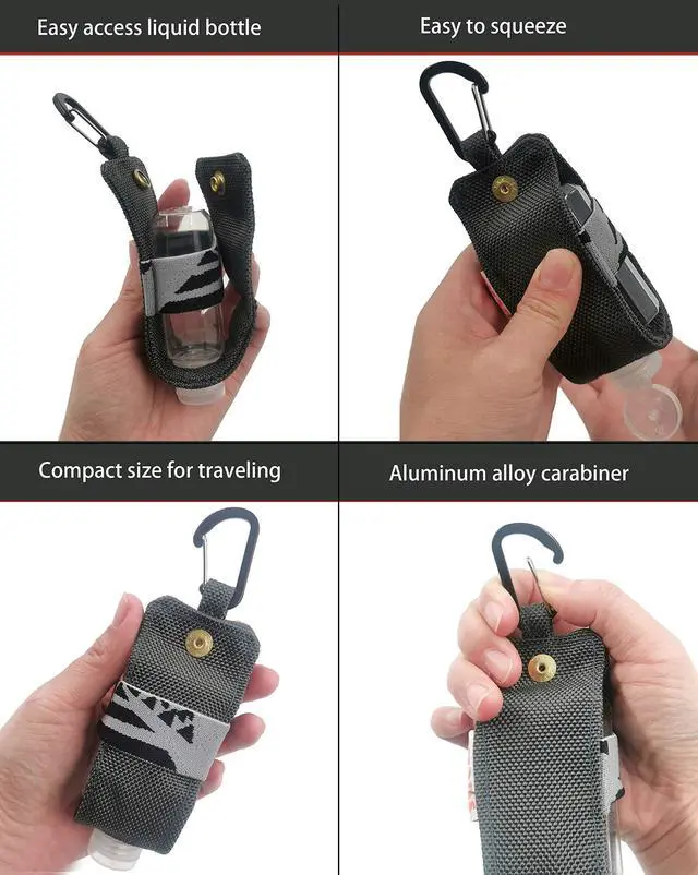 Alt view image 4 of 7 - Travel Size Hand Sanitizer Holder,Bottle Case and Carabiner Carrier bag-Portable Mini Waist Bag for Liquids Clip On Belt Loop,Backpack and Purse-Includes Empty 60ml/ 2 oz Reusable Bottle (Gray)
