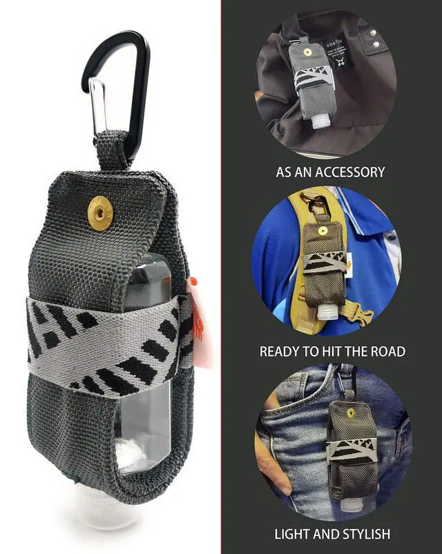 Alt view image 3 of 7 - Travel Size Hand Sanitizer Holder,Bottle Case and Carabiner Carrier bag-Portable Mini Waist Bag for Liquids Clip On Belt Loop,Backpack and Purse-Includes Empty 60ml/ 2 oz Reusable Bottle (Gray)