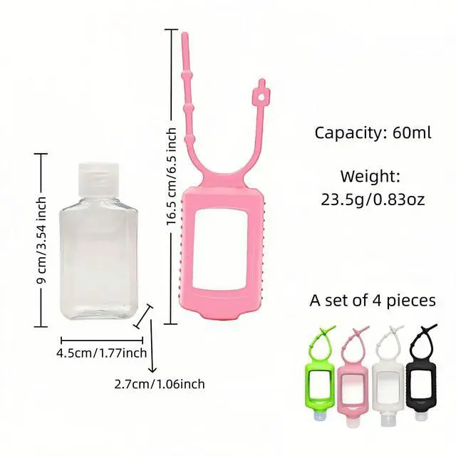 Alt view image 3 of 7 - 4 Pack Leak Proof Travel Bottles 60ml(2oz) with Silicone Sleeves & Keychain | Refillable Squeeze Containers for Toiletries, Hand Sanitizer | BPA Free PETG (Red, White, Black, Green)