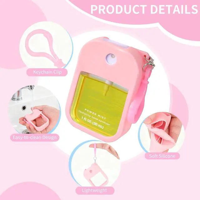 Alt view image 3 of 7 - 2 Pack Silicone Case Compatible with Wish Hand Sanitizer Spray, Hand Sanitizer Case Holder, Soft Silicone Protective Cases with Keychain, Protect Spray from Drops and Scratches (White and Pink)