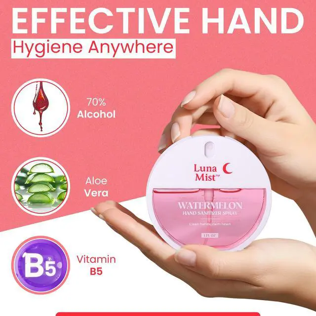 Alt view image 3 of 7 - Watermelon Hand Sanitizer Spray 1 FL OZ (30 ml) 70% Alcohol, Aloe Vera & Vitamin B5, Fast-Drying Non-Sticky Formula, Refreshing Fruity Scent Travel Size Moisturizing Hand Sanitizer
