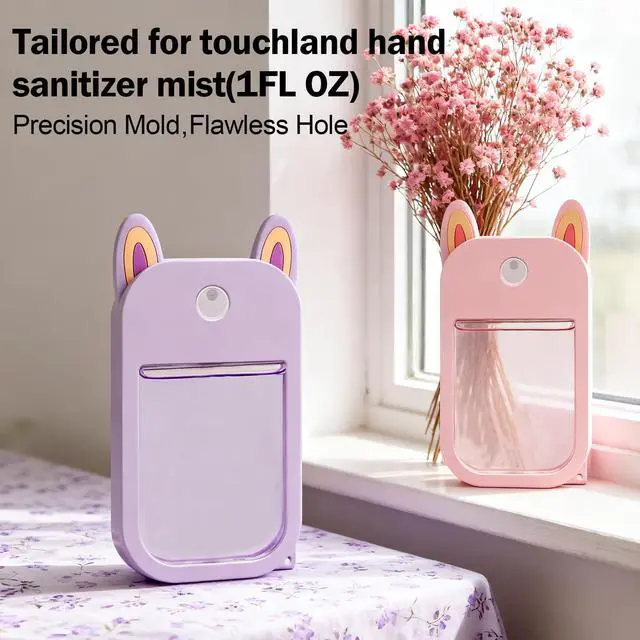 Alt view image 3 of 7 - 2 Pack Cute Hand Sanitizer Holder Keychain, Compatible with Touchland Hand Sanitizer Spray (1oz/30ml), Travel Size Silicone Case with Key Ring, Portable for Backpack Purse Bag, Purple & Pink