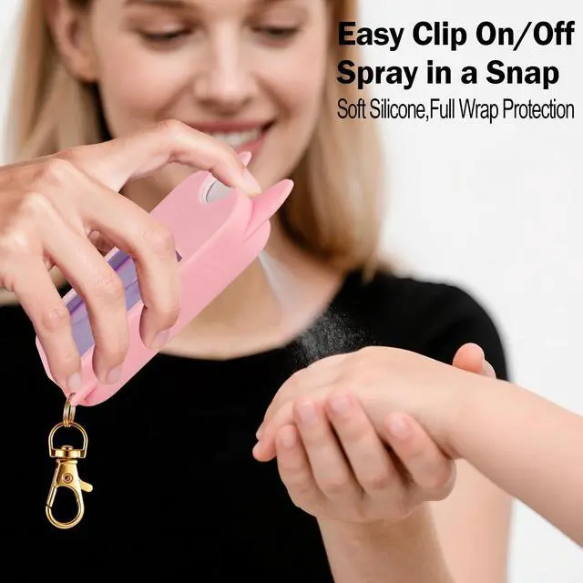 Alt view image 4 of 7 - 2 Pack Cute Hand Sanitizer Holder Keychain, Compatible with Touchland Hand Sanitizer Spray (1oz/30ml), Travel Size Silicone Case with Key Ring, Portable for Backpack Purse Bag, Purple & Pink