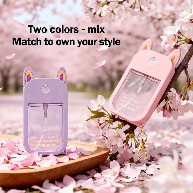 Alt view image 6 of 7 - 2 Pack Cute Hand Sanitizer Holder Keychain, Compatible with Touchland Hand Sanitizer Spray (1oz/30ml), Travel Size Silicone Case with Key Ring, Portable for Backpack Purse Bag, Purple & Pink