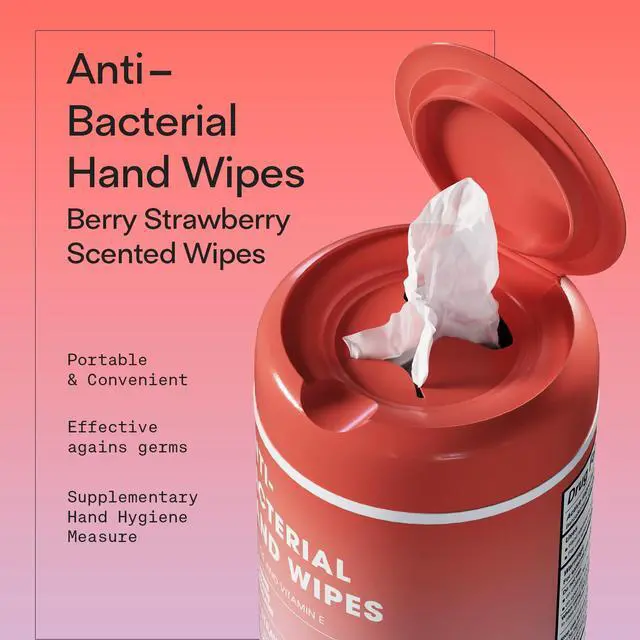 Alt view image 2 of 7 - Antibacterial Hand Wipes Sweet Strawberry Scented | Antibacterial Wipes with Aloe and Vitamin E | 5"x7" Wet Wipes Canister | No Parabens, Sulfates or Phthalates, Kills 99% of Germs, 50 Ct