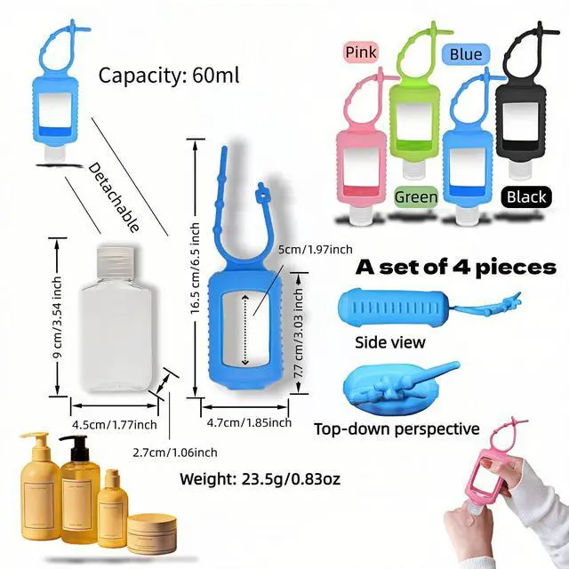 Alt view image 2 of 7 - 4-Pack Travel Refillable Leak Proof Squeeze Bottles with Silicone Sleeve & Keychain - 2oz/60ml Clear PETG Plastic Toiletry Containers for Hand Sanitizer, Lotion, Shampoo, Outdoor Essentials