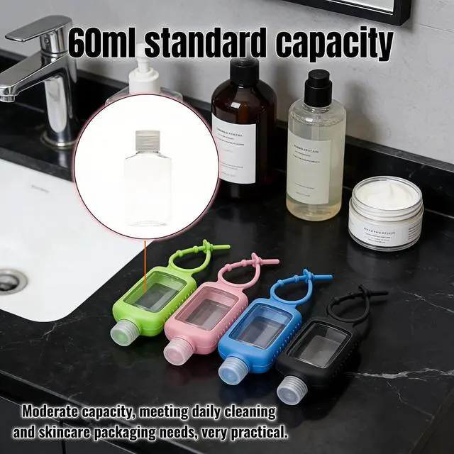 Alt view image 7 of 7 - 4-Pack Travel Refillable Leak Proof Squeeze Bottles with Silicone Sleeve & Keychain - 2oz/60ml Clear PETG Plastic Toiletry Containers for Hand Sanitizer, Lotion, Shampoo, Outdoor Essentials