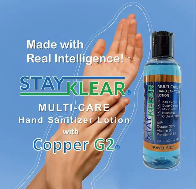 Alt view image 2 of 6 - New Multi-Care Hand Sanitizer Lotion (3.4 Fl Oz) Travel Size with Copper G2(R), Vitamin B3, and Pro-Vitamin B5; Orchard Scent