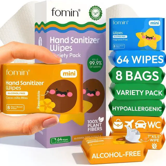 Main image of Hand Sanitizer Wipes 8 Pack (8 Count) - Variety Pack Hand Sanitizer Travel Size pH Balanced, Biodegradable On The Go Mini Hand Sanitizing Wipes - Hypoallergenic, Total 64 Wipes