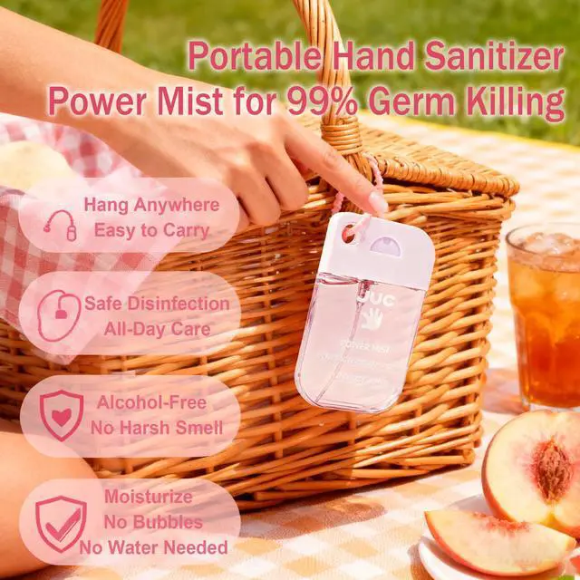 Alt view image 2 of 5 - Power Mist Hand Sanitizer Spray - 1.3fl.oz Peach Scent with Keychain Antibacterial Hydrating for Travel & Daily Essential