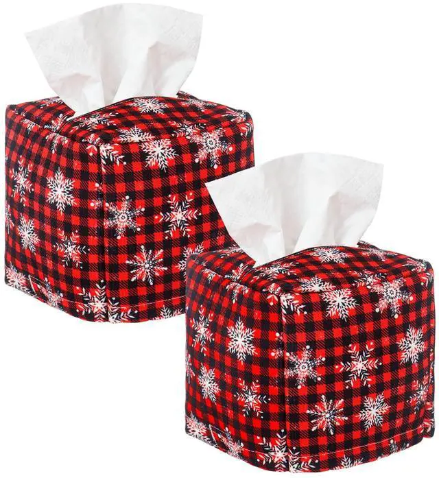 Main image of 2 Pcs Red Black Checkered Christmas Tissue Box Cover Square, Snowflakes Plaid Tissue Paper Holder Cover, Holiday Farmhouse Napkin Holder Decor for Bedroom Nightstand Office Desk Bathroom