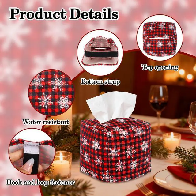 Alt view image 3 of 6 - 2 Pcs Red Black Checkered Christmas Tissue Box Cover Square, Snowflakes Plaid Tissue Paper Holder Cover, Holiday Farmhouse Napkin Holder Decor for Bedroom Nightstand Office Desk Bathroom