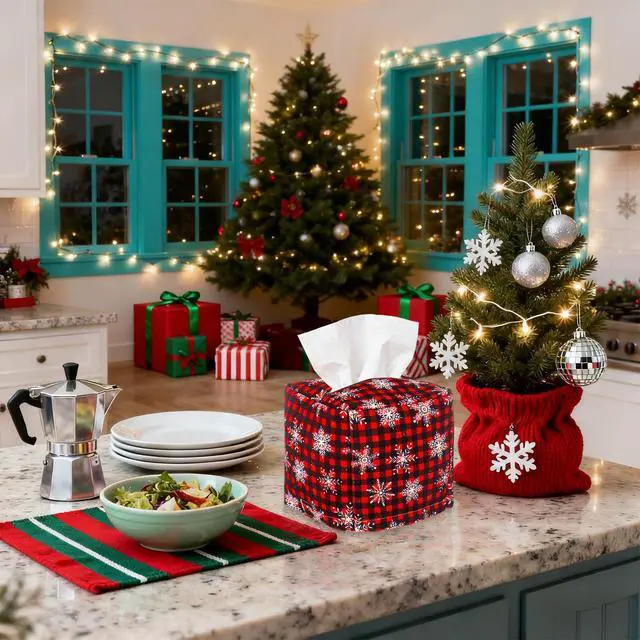 Alt view image 6 of 6 - 2 Pcs Red Black Checkered Christmas Tissue Box Cover Square, Snowflakes Plaid Tissue Paper Holder Cover, Holiday Farmhouse Napkin Holder Decor for Bedroom Nightstand Office Desk Bathroom