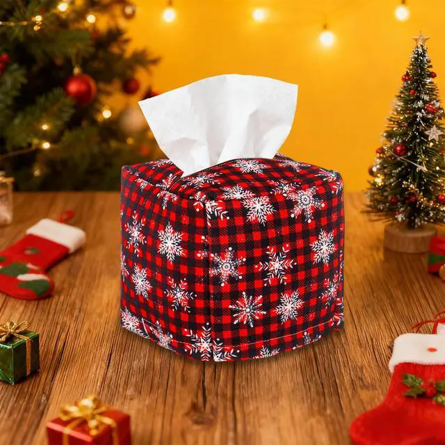 Alt view image 5 of 6 - 2 Pcs Red Black Checkered Christmas Tissue Box Cover Square, Snowflakes Plaid Tissue Paper Holder Cover, Holiday Farmhouse Napkin Holder Decor for Bedroom Nightstand Office Desk Bathroom