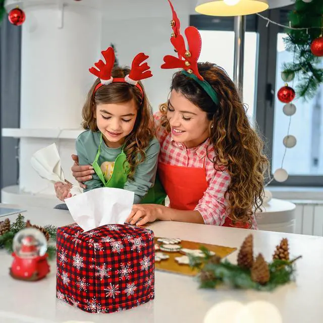 Alt view image 4 of 6 - 2 Pcs Red Black Checkered Christmas Tissue Box Cover Square, Snowflakes Plaid Tissue Paper Holder Cover, Holiday Farmhouse Napkin Holder Decor for Bedroom Nightstand Office Desk Bathroom