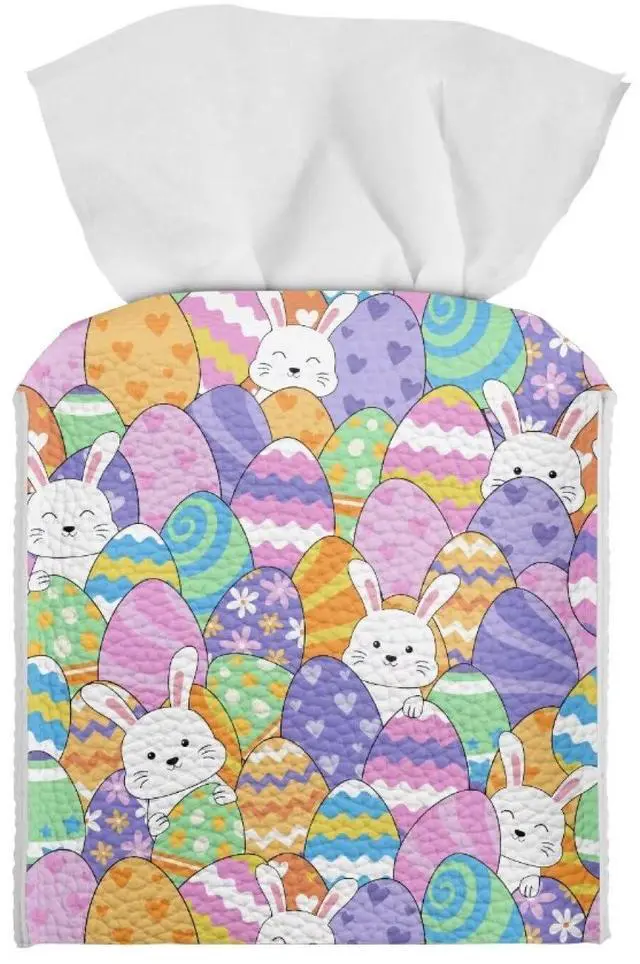 Main image of Colorful Bunny Tissue Box Cover Square PU Leather Holder for Clean Decorative Napkin Facial Paper Easter Decor