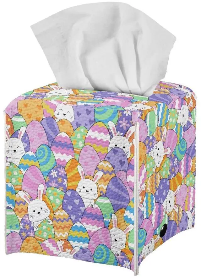 Alt view image 2 of 7 - Colorful Bunny Tissue Box Cover Square PU Leather Holder for Clean Decorative Napkin Facial Paper Easter Decor