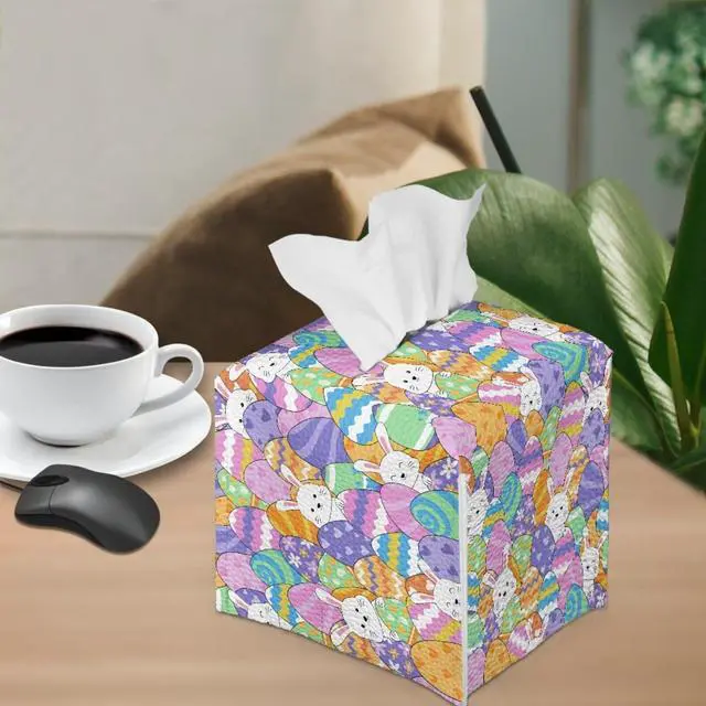 Alt view image 4 of 7 - Colorful Bunny Tissue Box Cover Square PU Leather Holder for Clean Decorative Napkin Facial Paper Easter Decor