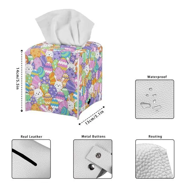 Alt view image 7 of 7 - Colorful Bunny Tissue Box Cover Square PU Leather Holder for Clean Decorative Napkin Facial Paper Easter Decor