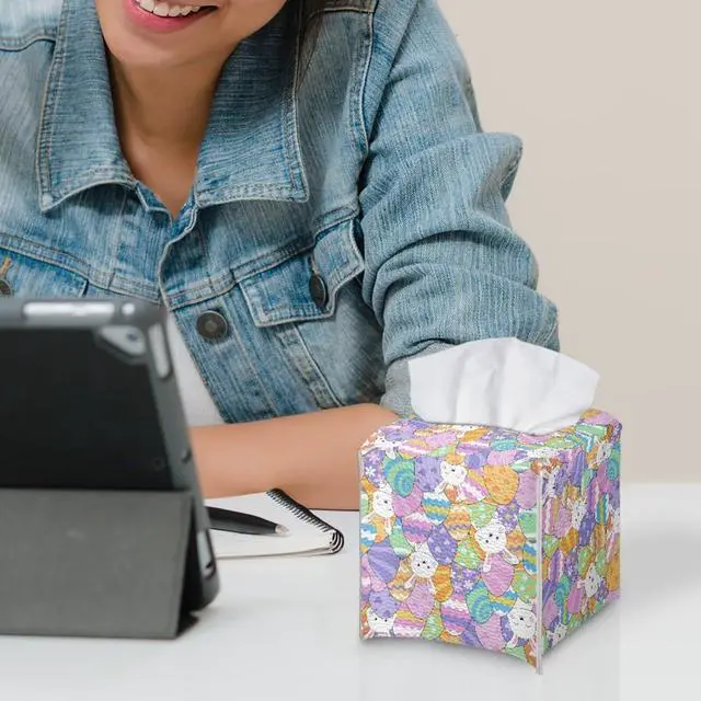 Alt view image 6 of 7 - Colorful Bunny Tissue Box Cover Square PU Leather Holder for Clean Decorative Napkin Facial Paper Easter Decor