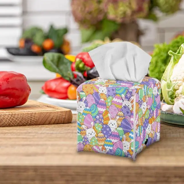 Alt view image 5 of 7 - Colorful Bunny Tissue Box Cover Square PU Leather Holder for Clean Decorative Napkin Facial Paper Easter Decor