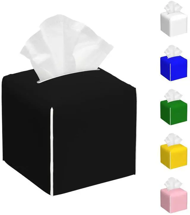 Main image of Black Tissue Box Cover Custom Image Logo Text Square Leather Facial Paper Organizer Case for Bedroom, Bathroom, Office Desk, Hotel Personalized Decorative Holder, 5x5x5 Inch 1-100 PCS