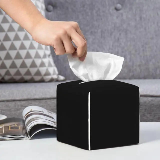 Alt view image 5 of 7 - Black Tissue Box Cover Custom Image Logo Text Square Leather Facial Paper Organizer Case for Bedroom, Bathroom, Office Desk, Hotel Personalized Decorative Holder, 5x5x5 Inch 1-100 PCS