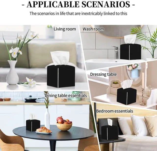Alt view image 6 of 7 - Black Tissue Box Cover Custom Image Logo Text Square Leather Facial Paper Organizer Case for Bedroom, Bathroom, Office Desk, Hotel Personalized Decorative Holder, 5x5x5 Inch 1-100 PCS