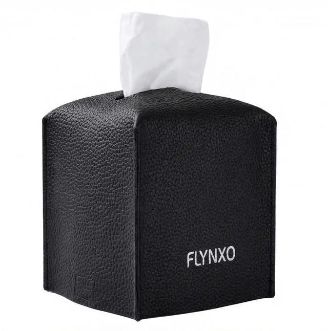Main image of Tissue Box Cover Square - PU Leather Tissue Holder with Bottom Belt, Decorative Facial Tissue Paper Case Organizer for Bathroom Vanity, Countertop, Night Stand, Desk, Car, Home Office | Black
