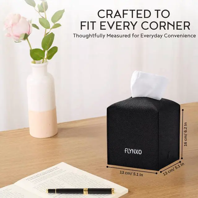 Alt view image 2 of 7 - Tissue Box Cover Square - PU Leather Tissue Holder with Bottom Belt, Decorative Facial Tissue Paper Case Organizer for Bathroom Vanity, Countertop, Night Stand, Desk, Car, Home Office | Black