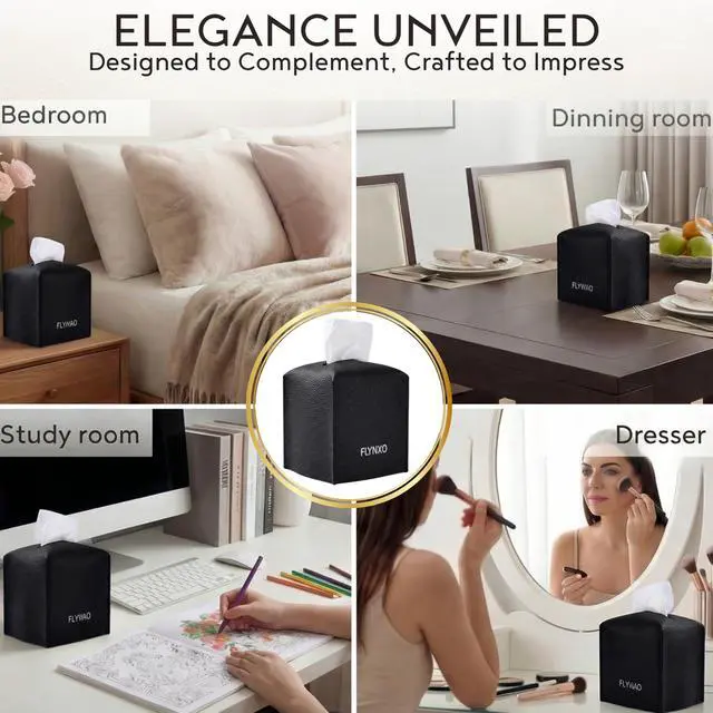 Alt view image 3 of 7 - Tissue Box Cover Square - PU Leather Tissue Holder with Bottom Belt, Decorative Facial Tissue Paper Case Organizer for Bathroom Vanity, Countertop, Night Stand, Desk, Car, Home Office | Black