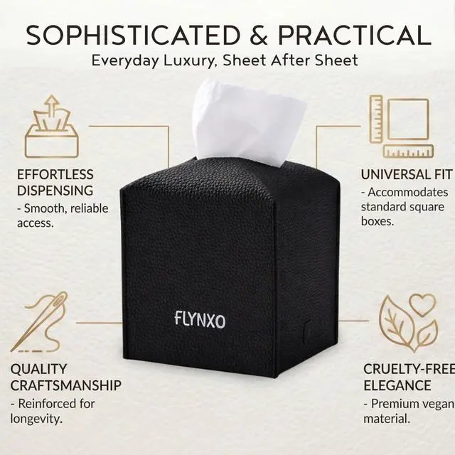 Alt view image 4 of 7 - Tissue Box Cover Square - PU Leather Tissue Holder with Bottom Belt, Decorative Facial Tissue Paper Case Organizer for Bathroom Vanity, Countertop, Night Stand, Desk, Car, Home Office | Black