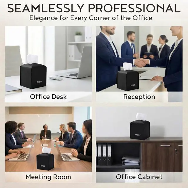 Alt view image 6 of 7 - Tissue Box Cover Square - PU Leather Tissue Holder with Bottom Belt, Decorative Facial Tissue Paper Case Organizer for Bathroom Vanity, Countertop, Night Stand, Desk, Car, Home Office | Black