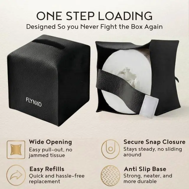Alt view image 5 of 7 - Tissue Box Cover Square - PU Leather Tissue Holder with Bottom Belt, Decorative Facial Tissue Paper Case Organizer for Bathroom Vanity, Countertop, Night Stand, Desk, Car, Home Office | Black