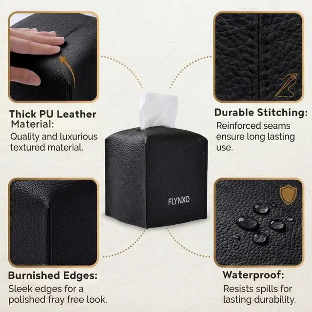 Alt view image 7 of 7 - Tissue Box Cover Square - PU Leather Tissue Holder with Bottom Belt, Decorative Facial Tissue Paper Case Organizer for Bathroom Vanity, Countertop, Night Stand, Desk, Car, Home Office | Black