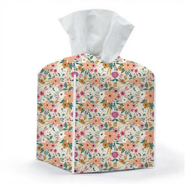 Main image of Tissue Box Cover, Tissue Box Holder, Square with Belt Bottom, PU Leather Decorative Organizer for Desk, Countertop Bathroom, Living Room,Toilet Car, Office, Dresser Bedside, Aesthetic Floral Decor